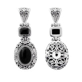 Sterling silver Black Onyx pendant with oval and square gemstones, detailed Bali filigree silverwork and oxidized finish, handcrafted artisan jewelry for women.